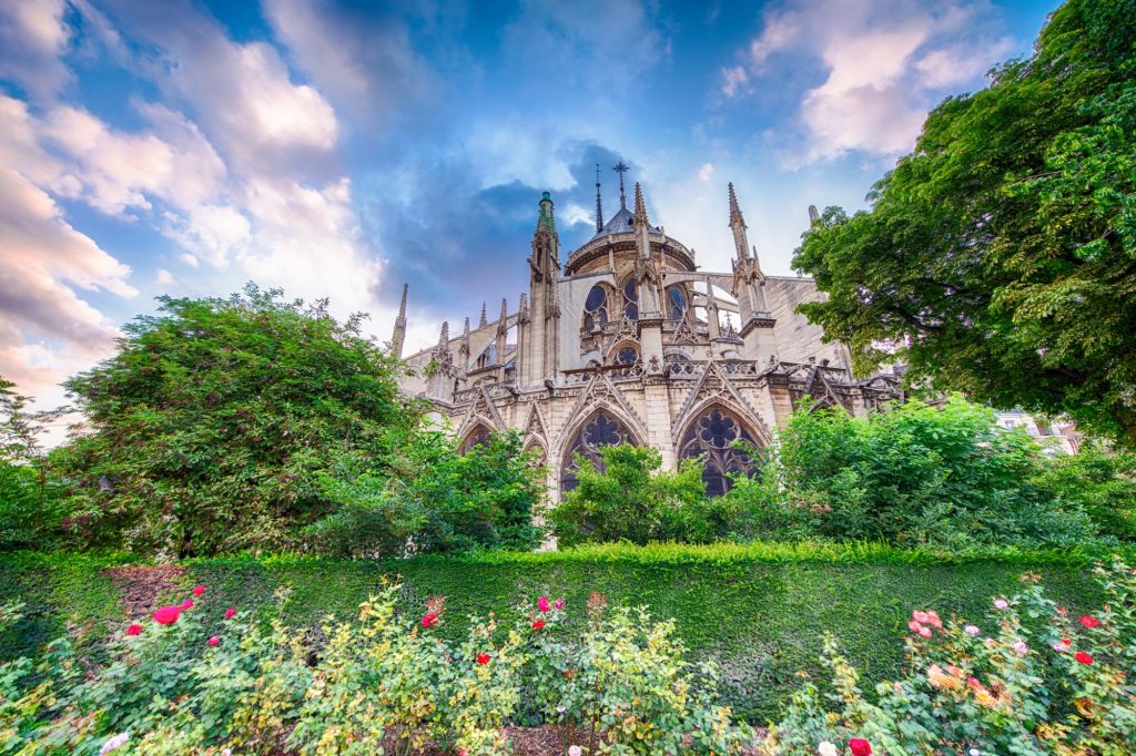 A beautiful view of Notre Dame Cathedral surrounded by lush greenery and colorful flowers under a blue sky.