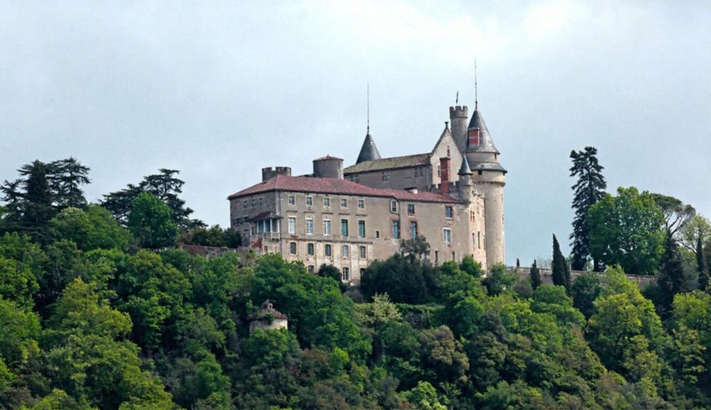A historic castle located on a hillside surrounded by lush greenery and trees, featuring distinctive towers.