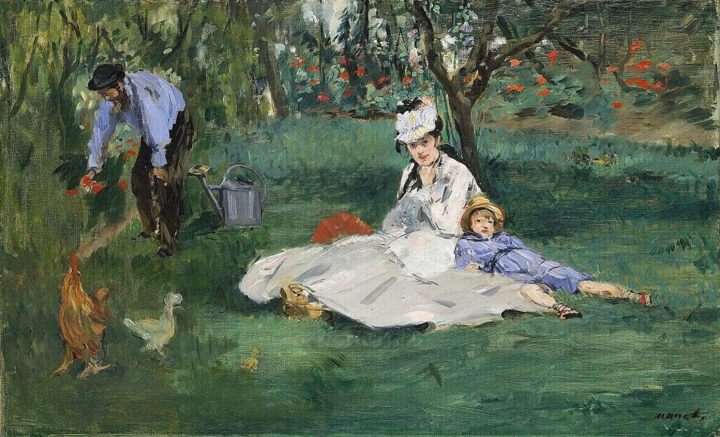 A woman in a white dress and a child in a blue outfit lounging on the grass, while a man in a blue shirt is watering flowers. Chickens are nearby, set in a vibrant garden.