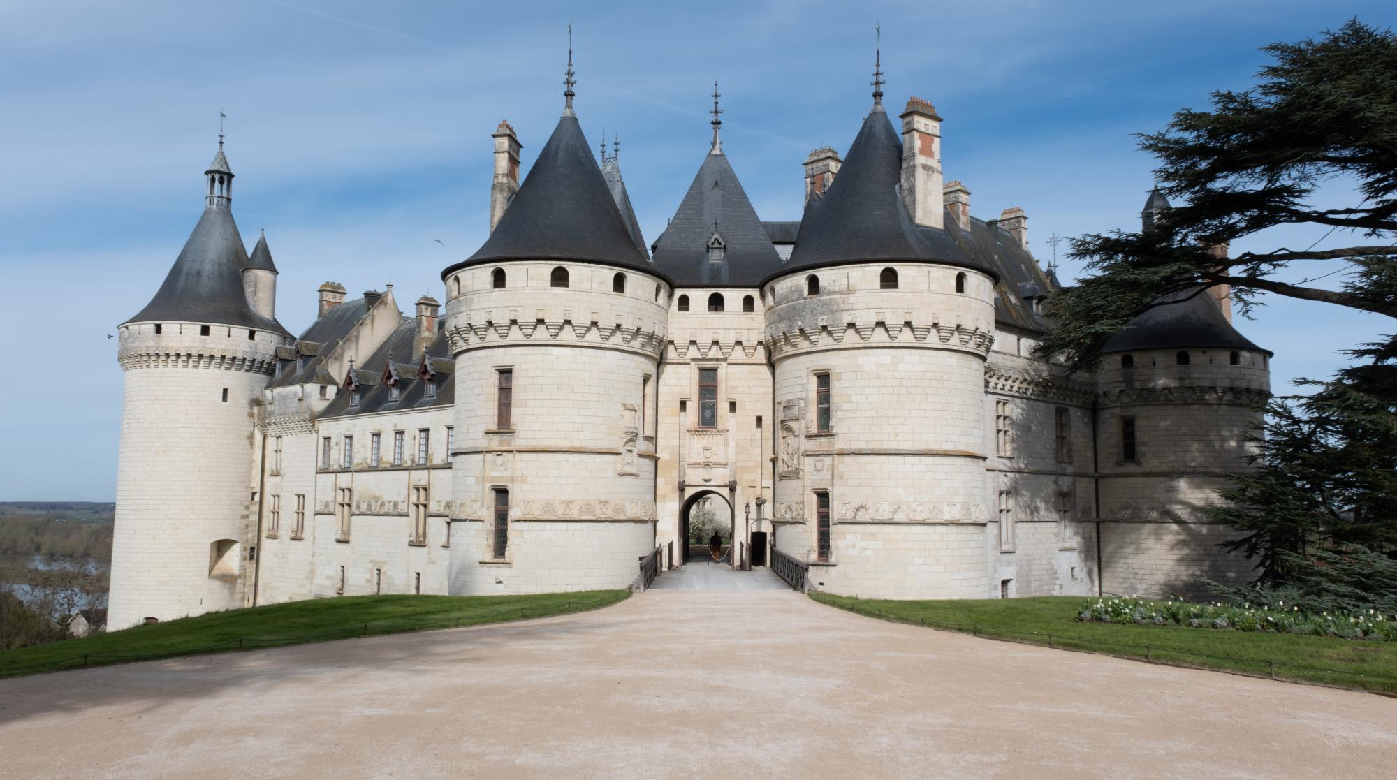 A stunning view of a French castle with turrets and a grand entrance surrounded by lush green landscape.