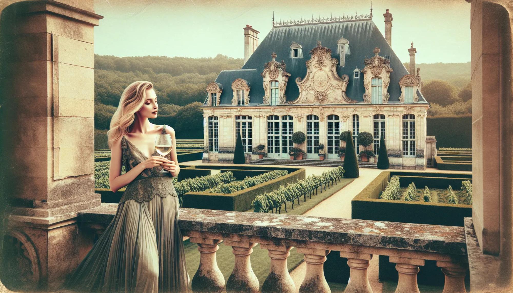 A woman in an elegant dress holds a glass of wine while standing on a balcony overlooking a beautifully landscaped garden and a French château.