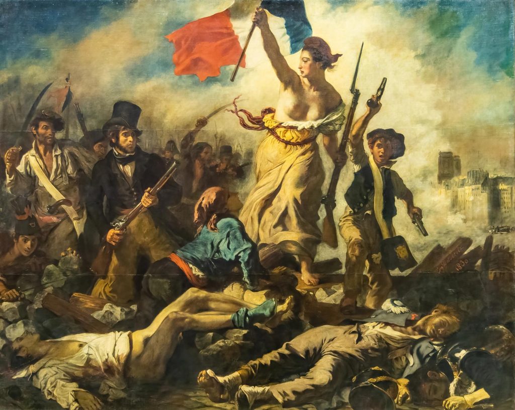 A historic painting depicting a female personification of Liberty leading a group of revolutionaries holding guns and a French flag amidst a chaotic scene of battle and rubble.
