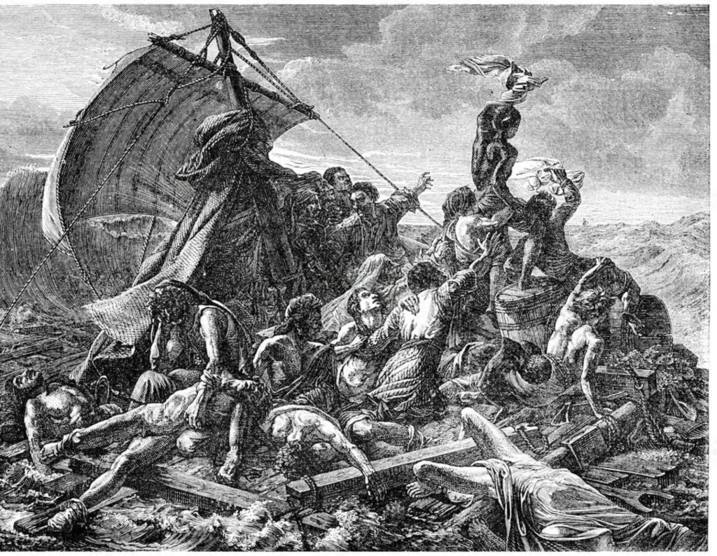 An engraving depicting the harrowing scene of the Medusa shipwreck, featuring survivors clinging to wreckage amidst tumultuous waves and desperate gestures for help.