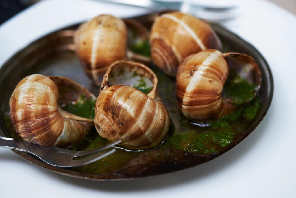 A plate of escargot served with garlic herb butter on a rustic dish.