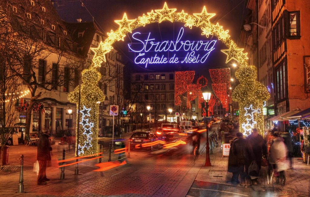 Christmas lights in Strasbourg, showcasing festive decorations and a lively atmosphere during the holiday season.