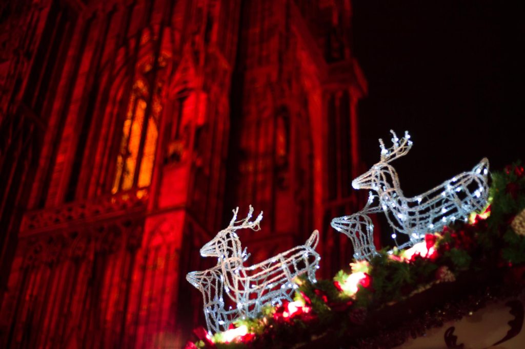 Decorative lights in the shape of reindeer against a beautifully lit historic building during Christmas in Strasbourg, France.
