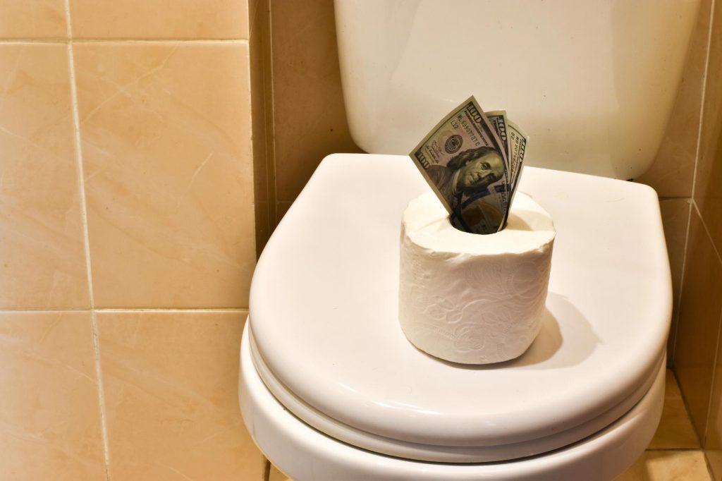 A roll of toilet paper on a toilet bowl with several hundred dollar bills sticking out from the top.
