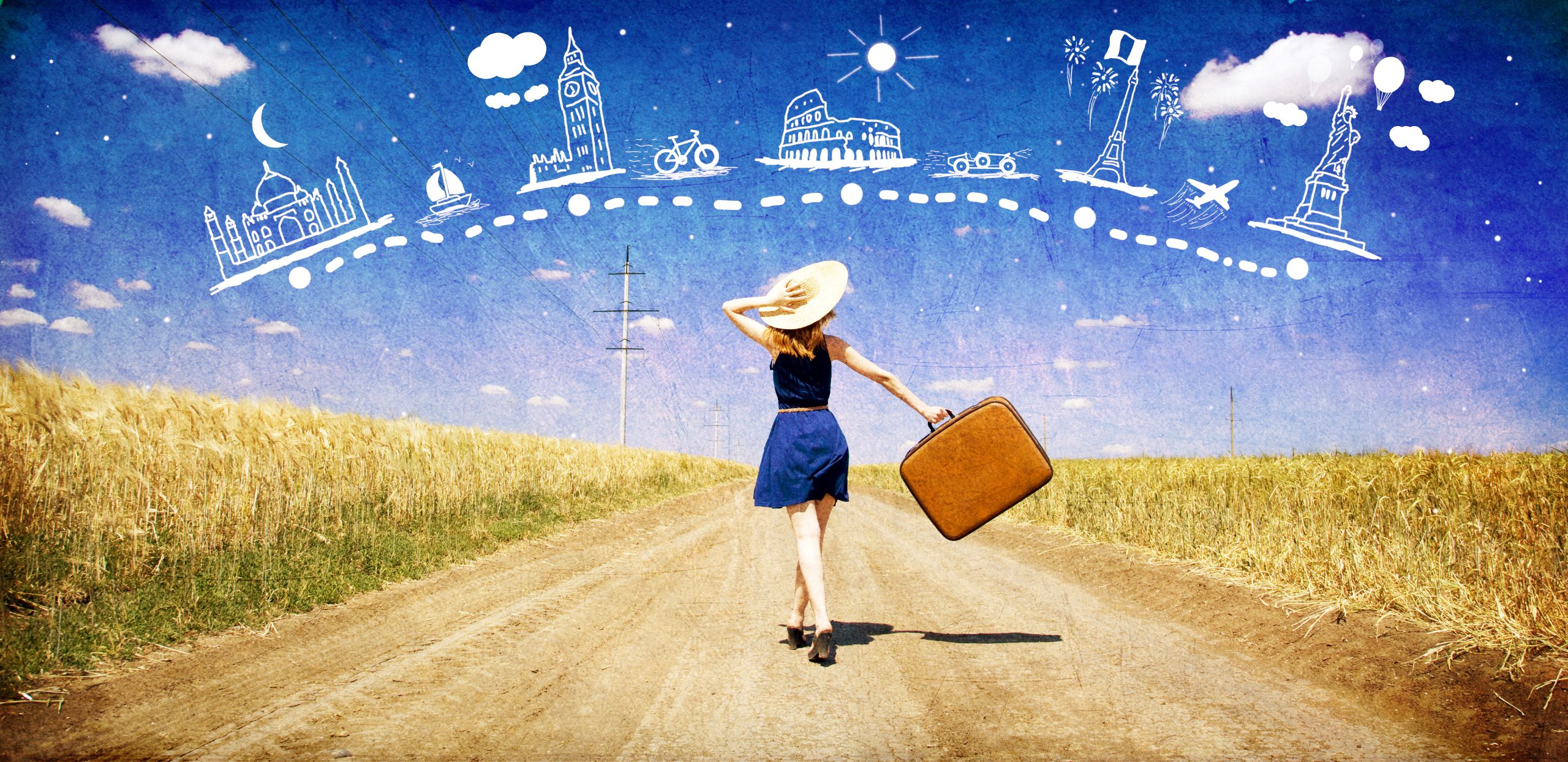 Fille solitaire avec valise à la route de campagne rêvant de voyage .