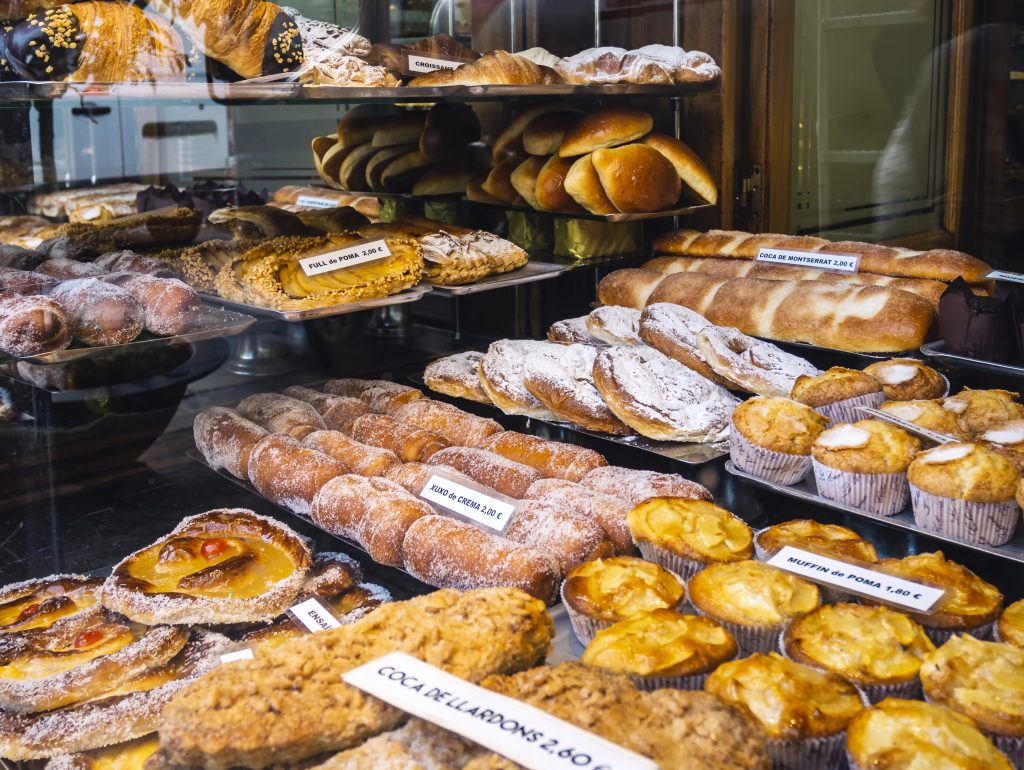 Bakery Pastry shop display Cafe restaurant in Europe.