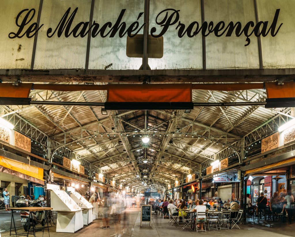 Long exposure of Provencal Market in Antibes, Cote D'Azur, France at night