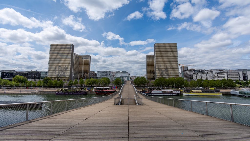 Paris, France: The 4 towers of the Franois Mitterrand site of the Bibliotheque Nationale de France (BNF) shot from the Simone-de-Beauvoir footbridge on the opposite bank of the river Seine 