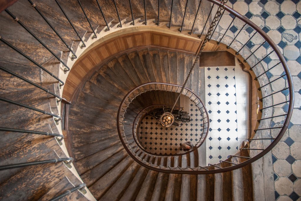 Paris, France - August 05, 2006: Top view of the architectural element of the spiral staircase in the gallery of Vivienne