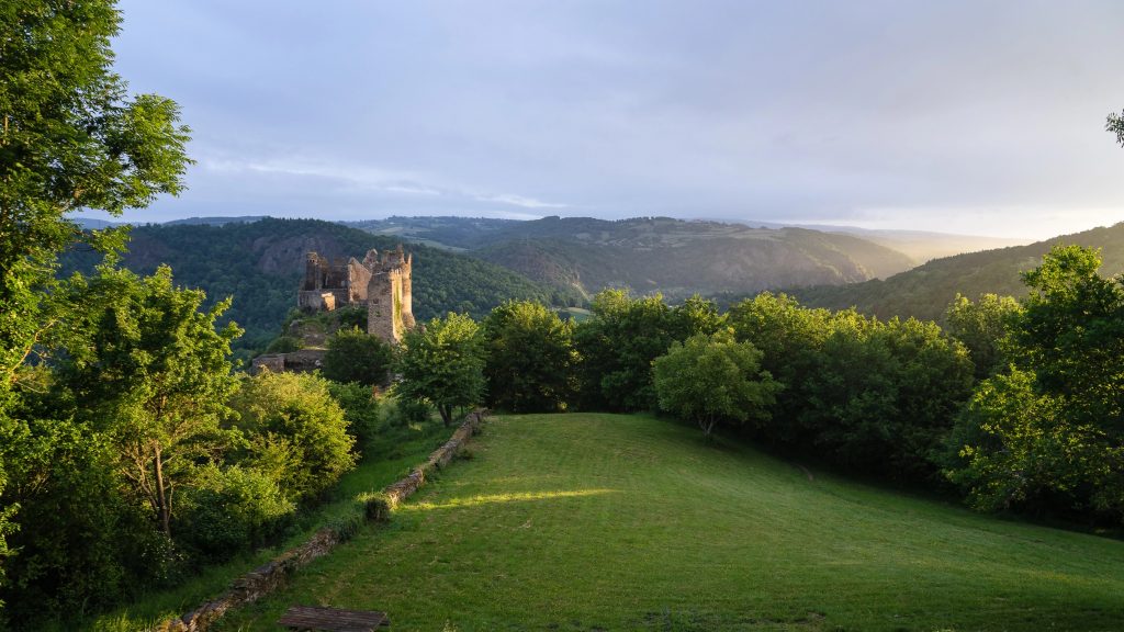The ruin of the Rocher Castle (Chateau Rocher) in the morning, Puy de Dome, Auvergne, France