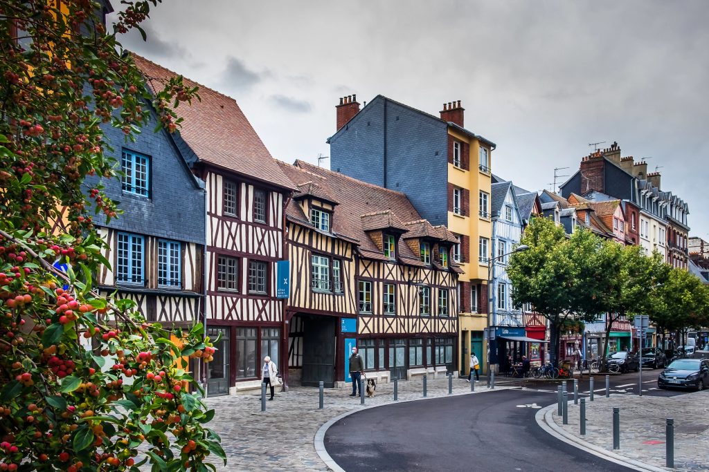 Rouen, France, view of Rue Martainville a cobblestoned street in the pedestrian center with medieval half-timbered houses