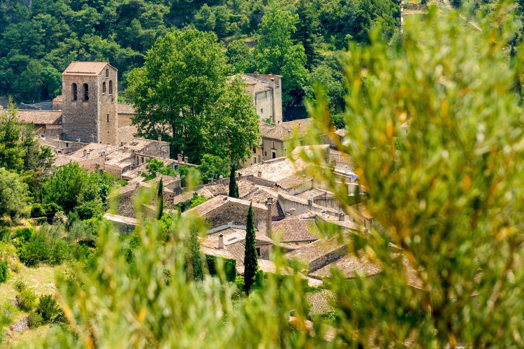 The bell tower of the abbey church and the roofs of the village of Saint Guilhem le Desert 