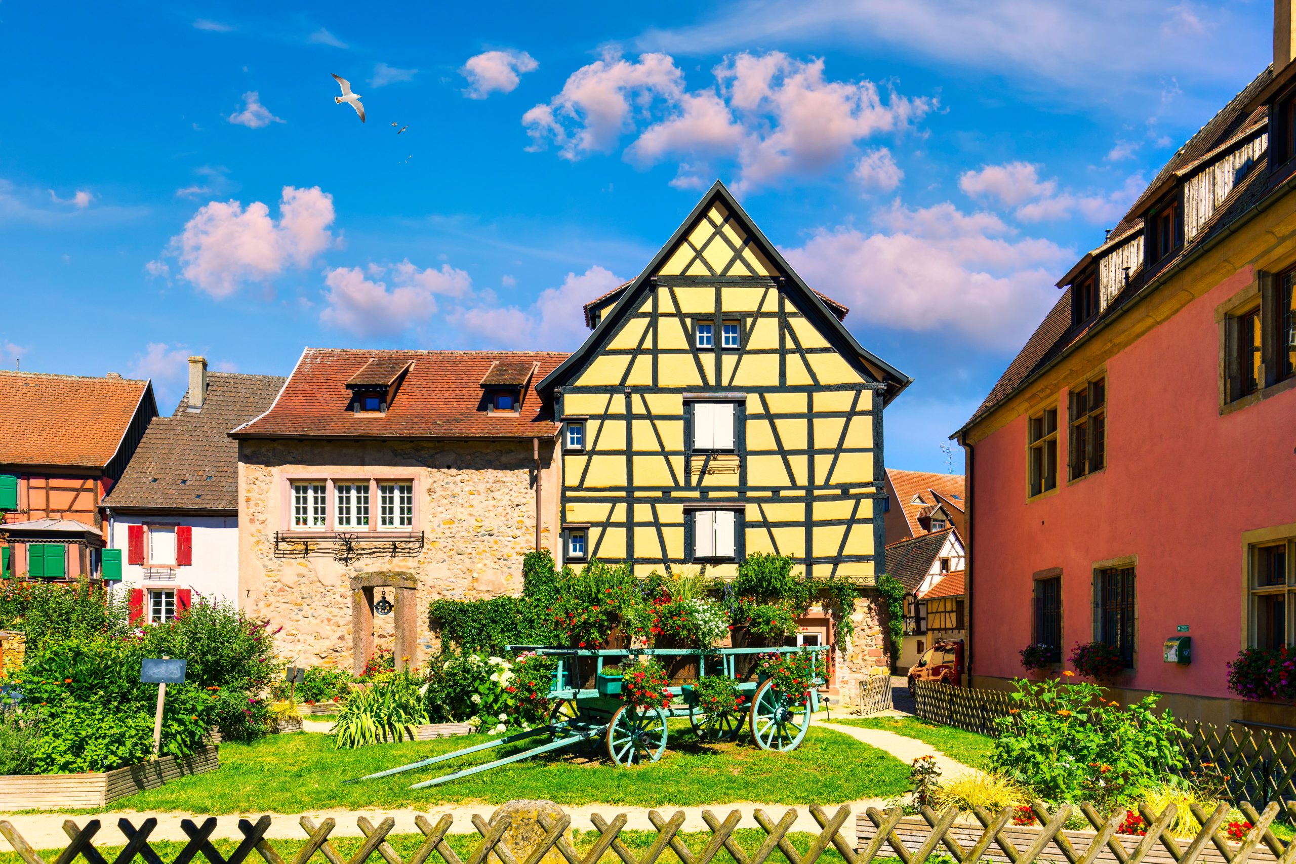 Traditional timbered house in Turckheim, Alsace, France. One of the famous cities in Alsace scenic route near Colmar, France. Colorful traditional french houses in Turckheim town of Alsace, France.