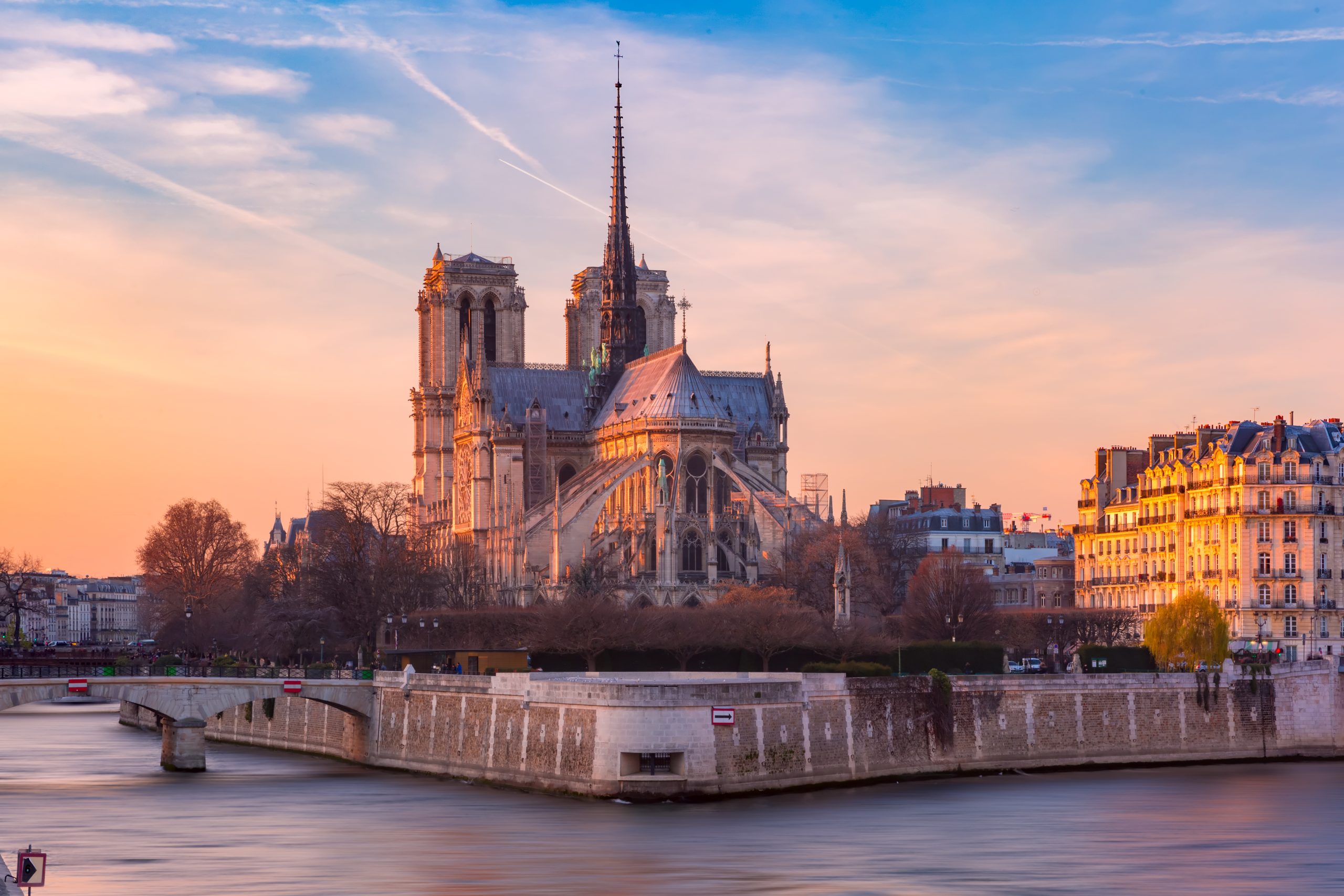 Picturesque sunset over Cathedral of Notre Dame de Paris, Paris, France