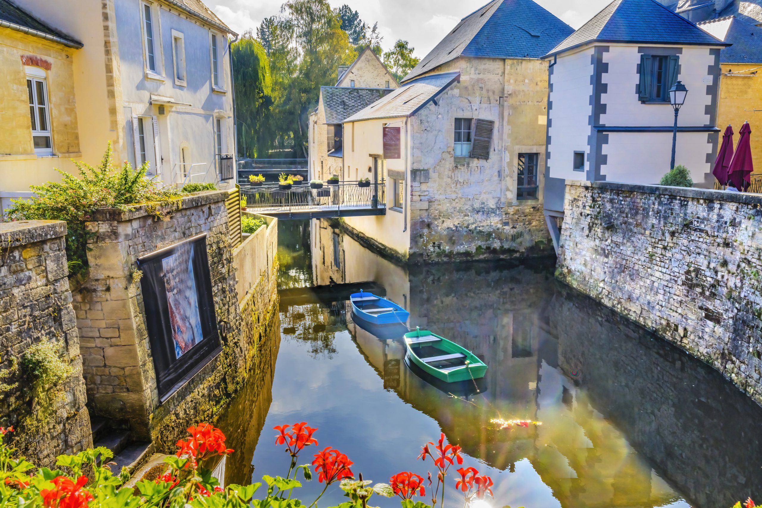 Colorful Old Buildings Aure River Reflection Bayeux Center Normandy France.